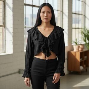 Vintage 90s Passport Black Lace Up Cropped Top Large Crop Ruffle Western Boho